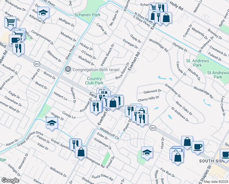 map of restaurants, bars, coffee shops, grocery stores, and more near 145 Lake Shore Drive in Corpus Christi
