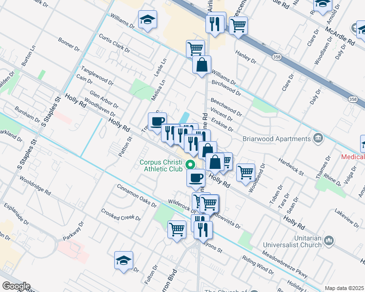 map of restaurants, bars, coffee shops, grocery stores, and more near 2003 Hidden Lake in Corpus Christi