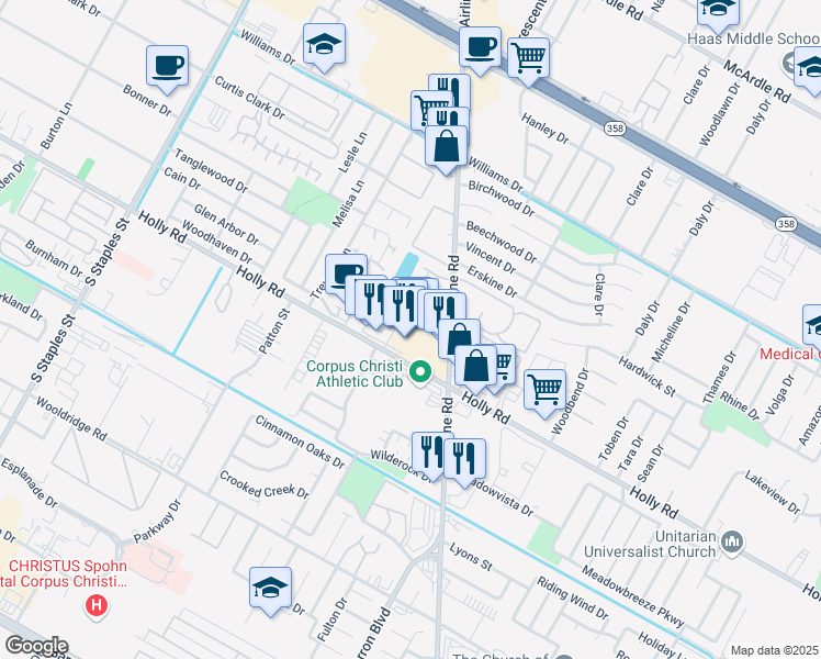 map of restaurants, bars, coffee shops, grocery stores, and more near 6105 Hidden Cove in Corpus Christi