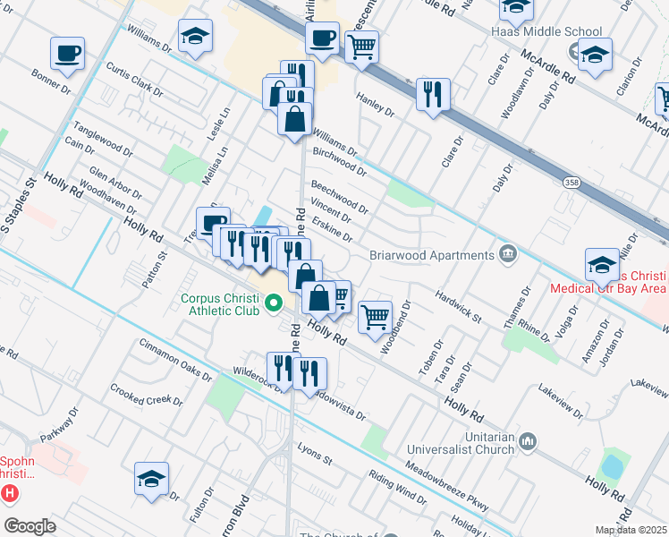 map of restaurants, bars, coffee shops, grocery stores, and more near 2002 Airline Road in Corpus Christi