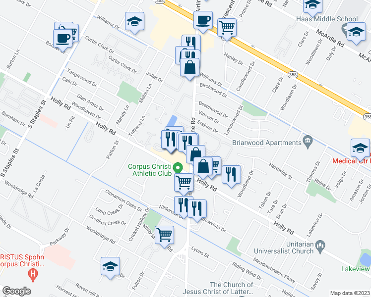 map of restaurants, bars, coffee shops, grocery stores, and more near 6236 Hidden Cove in Corpus Christi