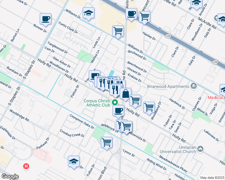 map of restaurants, bars, coffee shops, grocery stores, and more near 6105 Hidden Cove in Corpus Christi