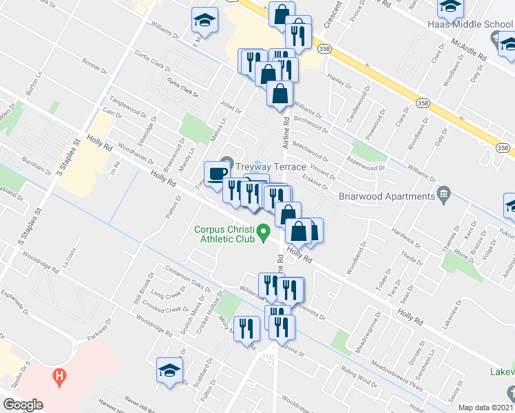 map of restaurants, bars, coffee shops, grocery stores, and more near 6105 Hidden Cove in Corpus Christi