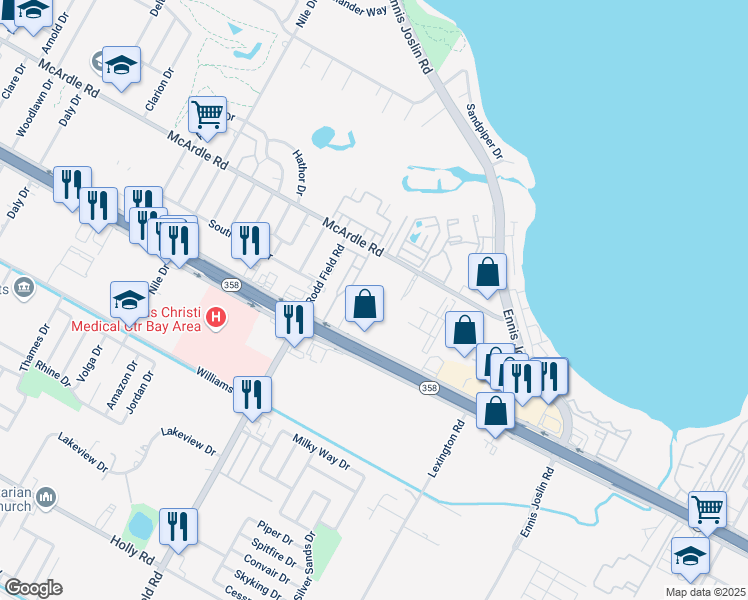 map of restaurants, bars, coffee shops, grocery stores, and more near 7305 McArdle Road in Corpus Christi