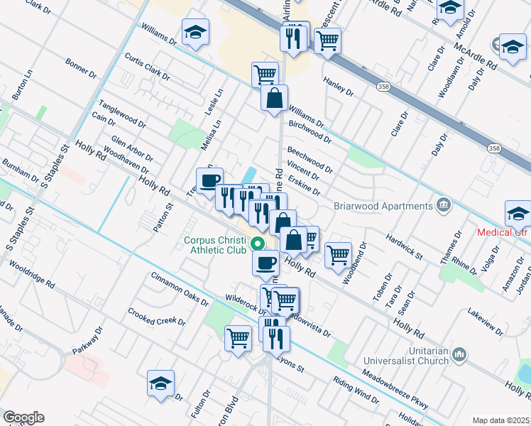map of restaurants, bars, coffee shops, grocery stores, and more near 6233 Hidden Cove in Corpus Christi