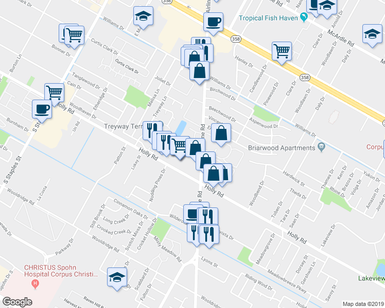 map of restaurants, bars, coffee shops, grocery stores, and more near 6236 Hidden Cove in Corpus Christi