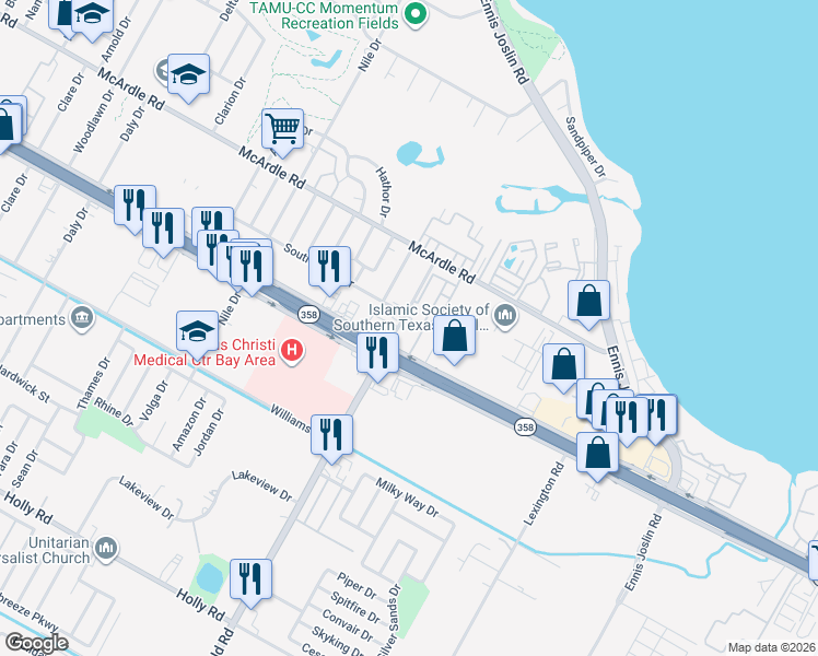 map of restaurants, bars, coffee shops, grocery stores, and more near 1402 Rodd Field Road in Corpus Christi