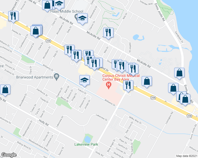 map of restaurants, bars, coffee shops, grocery stores, and more near 6925 South Padre Island Drive in Corpus Christi