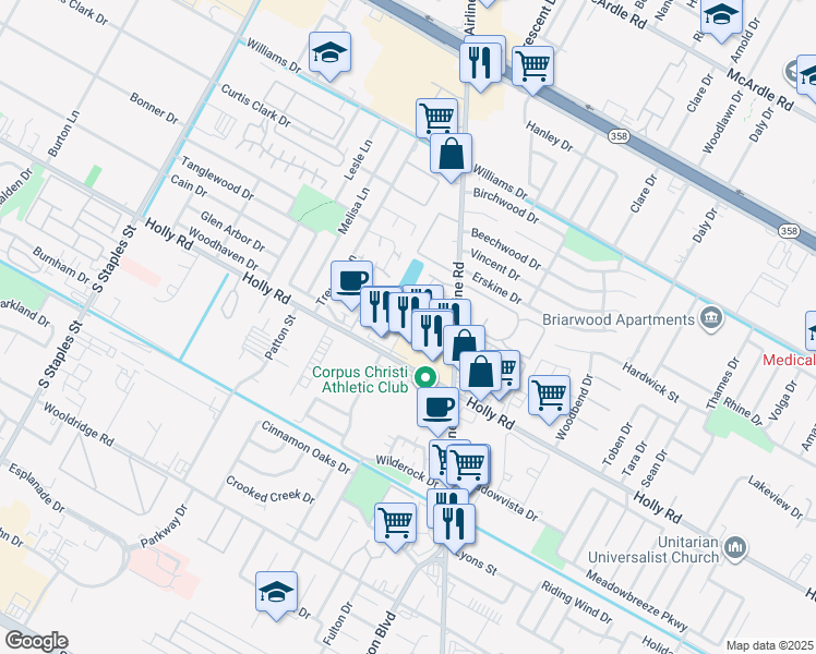 map of restaurants, bars, coffee shops, grocery stores, and more near 6105 Hidden Cove in Corpus Christi