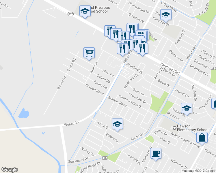 map of restaurants, bars, coffee shops, grocery stores, and more near 6801 Weber Road in Corpus Christi