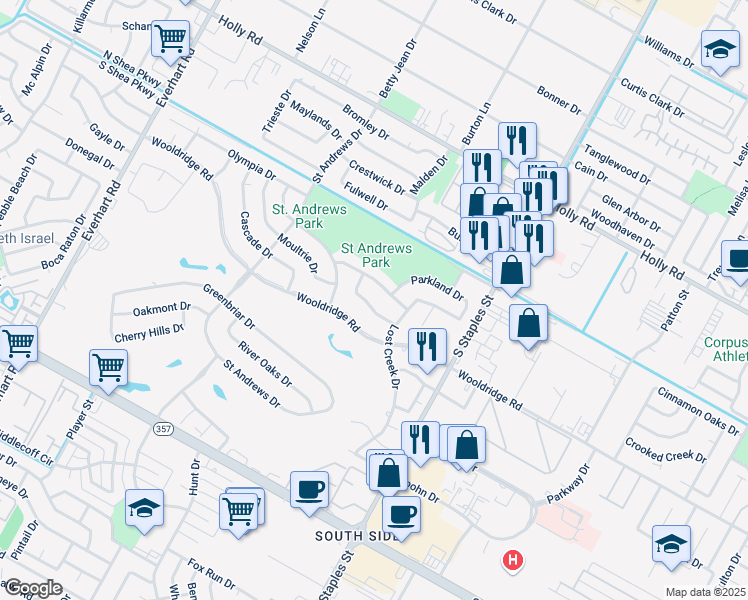 map of restaurants, bars, coffee shops, grocery stores, and more near 5430 Whitemarsh Drive in Corpus Christi