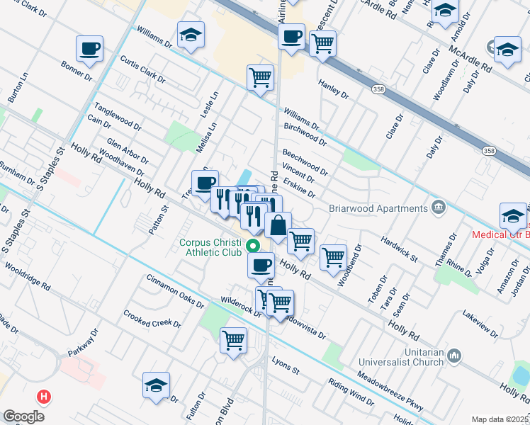 map of restaurants, bars, coffee shops, grocery stores, and more near 6236 Hidden Cove in Corpus Christi