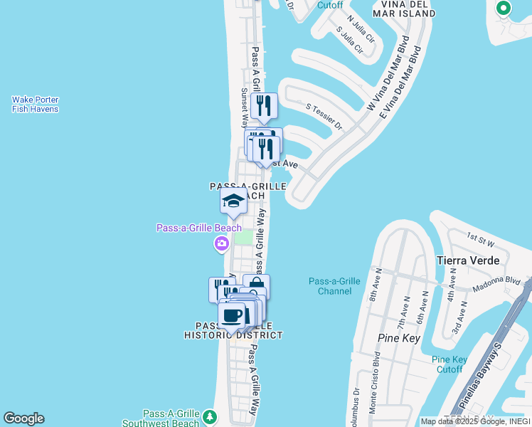 map of restaurants, bars, coffee shops, grocery stores, and more near 1701 Pass a Grille Way in St. Pete Beach
