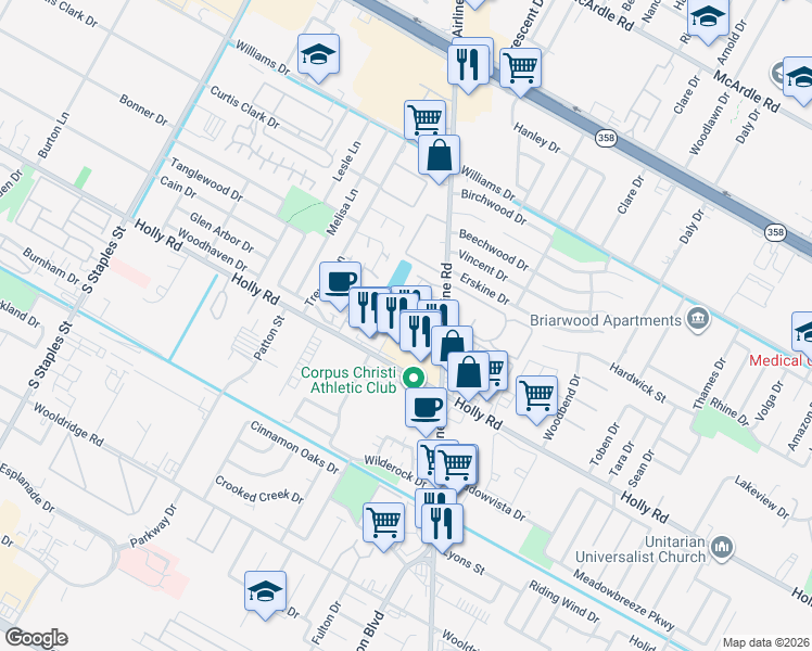 map of restaurants, bars, coffee shops, grocery stores, and more near 6105 Hidden Cove in Corpus Christi
