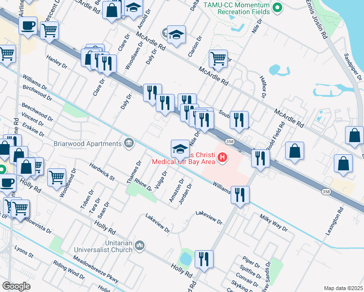 map of restaurants, bars, coffee shops, grocery stores, and more near 1641 Nile Drive in Corpus Christi