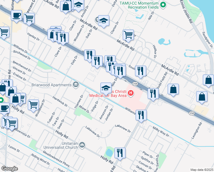 map of restaurants, bars, coffee shops, grocery stores, and more near 1641 Nile Drive in Corpus Christi