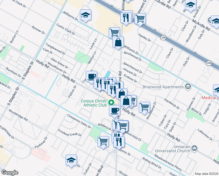 map of restaurants, bars, coffee shops, grocery stores, and more near 6105 Hidden Cove in Corpus Christi