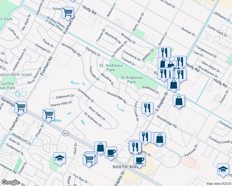 map of restaurants, bars, coffee shops, grocery stores, and more near 5210 Royalton Drive in Corpus Christi