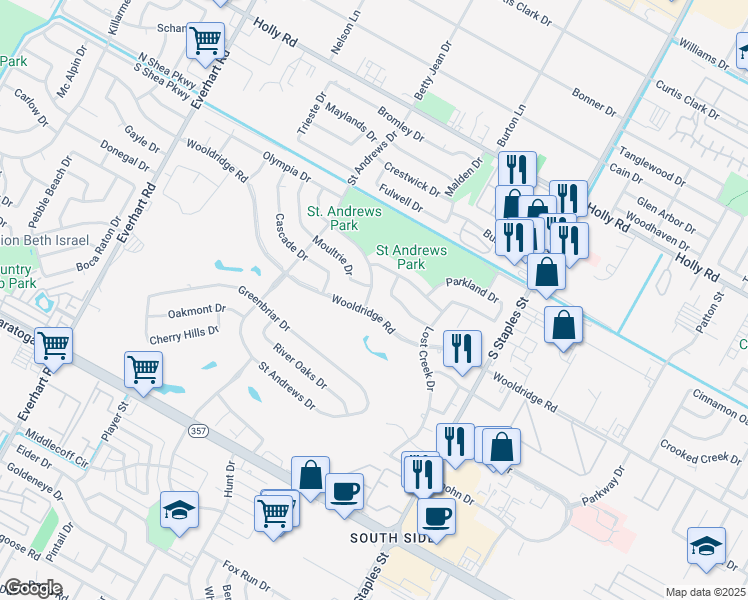 map of restaurants, bars, coffee shops, grocery stores, and more near 5210 Royalton Drive in Corpus Christi