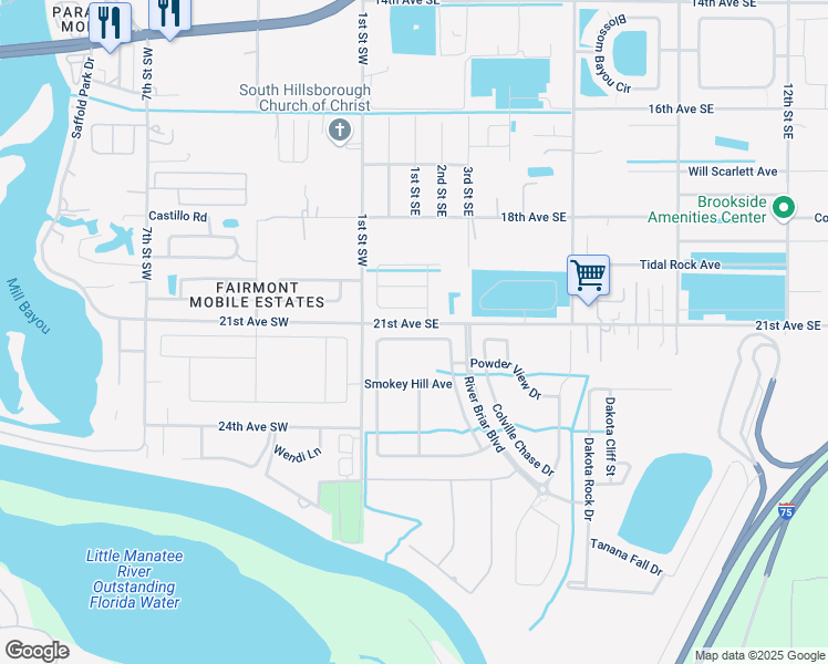 map of restaurants, bars, coffee shops, grocery stores, and more near 2233 Roanoke Springs Drive in Ruskin