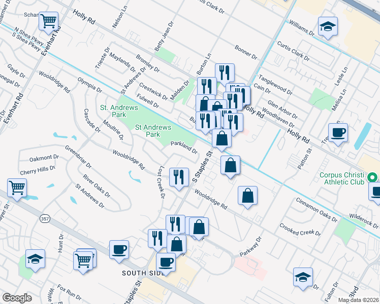map of restaurants, bars, coffee shops, grocery stores, and more near 5920 Parkland Dr in Corpus Christi