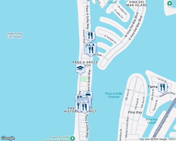 map of restaurants, bars, coffee shops, grocery stores, and more near 1701 Pass a Grille Way in St. Pete Beach