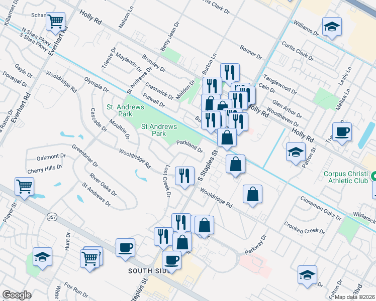 map of restaurants, bars, coffee shops, grocery stores, and more near 5920 Parkland Drive in Corpus Christi