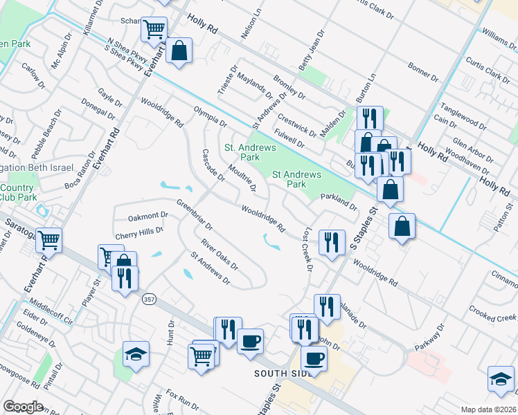 map of restaurants, bars, coffee shops, grocery stores, and more near 5214 Wooldridge Road in Corpus Christi