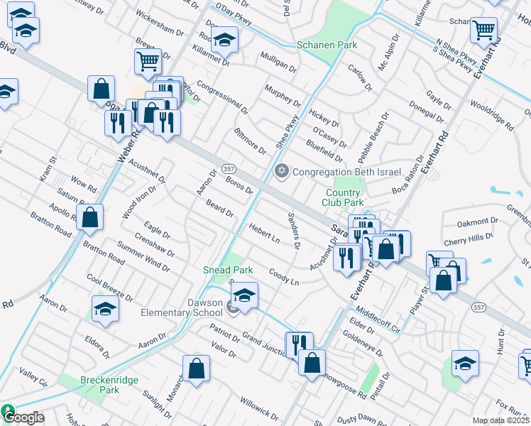 map of restaurants, bars, coffee shops, grocery stores, and more near 4409 Weiskopf Lane in Corpus Christi