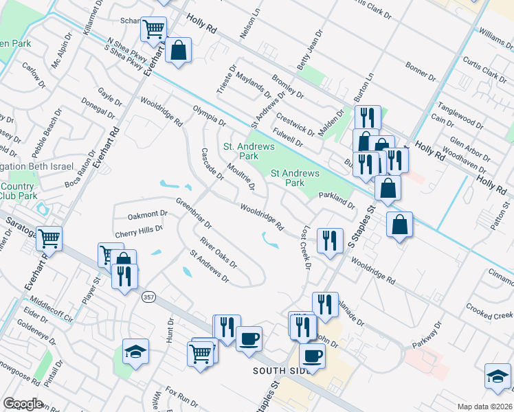 map of restaurants, bars, coffee shops, grocery stores, and more near 5214 Wooldridge Road in Corpus Christi