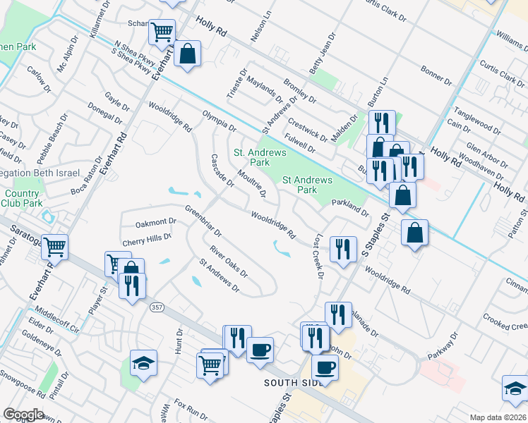 map of restaurants, bars, coffee shops, grocery stores, and more near 5214 Wooldridge Road in Corpus Christi