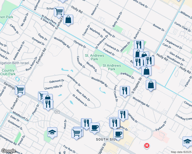 map of restaurants, bars, coffee shops, grocery stores, and more near 5214 Wooldridge Road in Corpus Christi