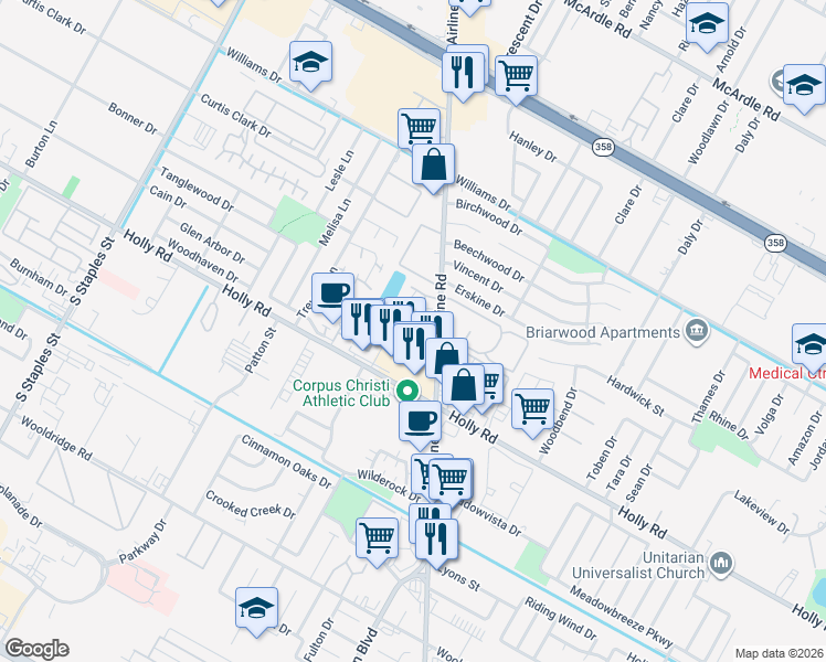 map of restaurants, bars, coffee shops, grocery stores, and more near 6105 Hidden Cove in Corpus Christi