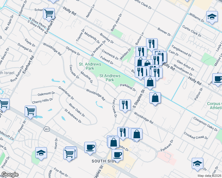 map of restaurants, bars, coffee shops, grocery stores, and more near 5430 Whitemarsh Drive in Corpus Christi