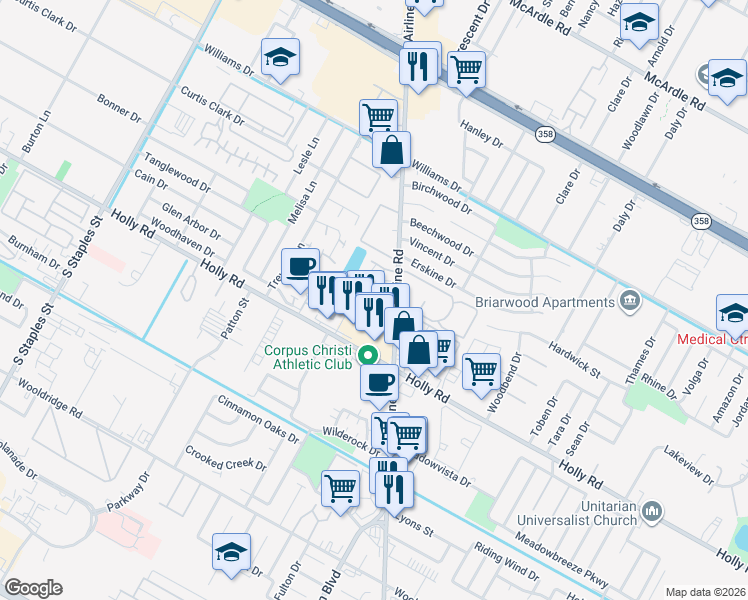 map of restaurants, bars, coffee shops, grocery stores, and more near 6105 Hidden Cove in Corpus Christi