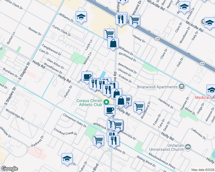 map of restaurants, bars, coffee shops, grocery stores, and more near 6208 Hidden Cove in Corpus Christi
