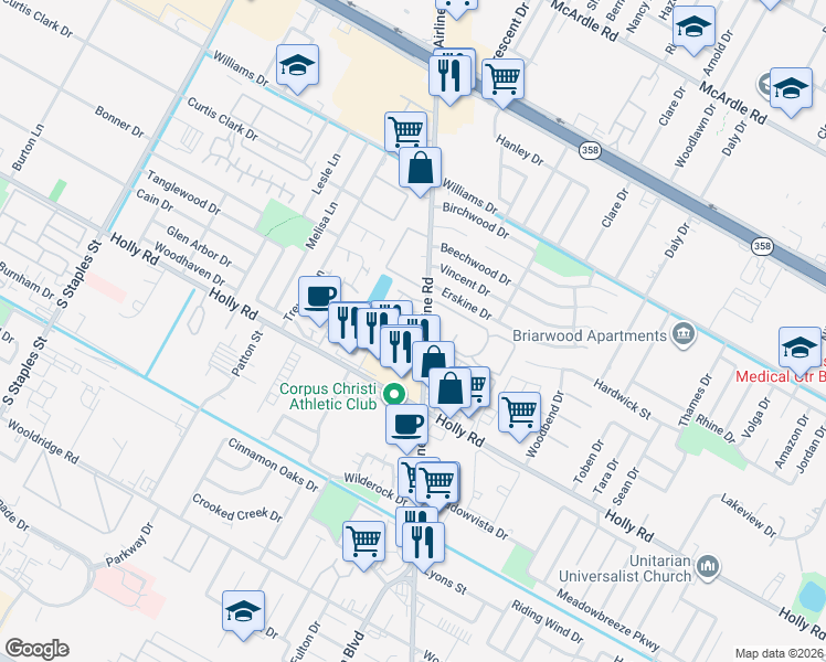 map of restaurants, bars, coffee shops, grocery stores, and more near 6236 Hidden Cove in Corpus Christi