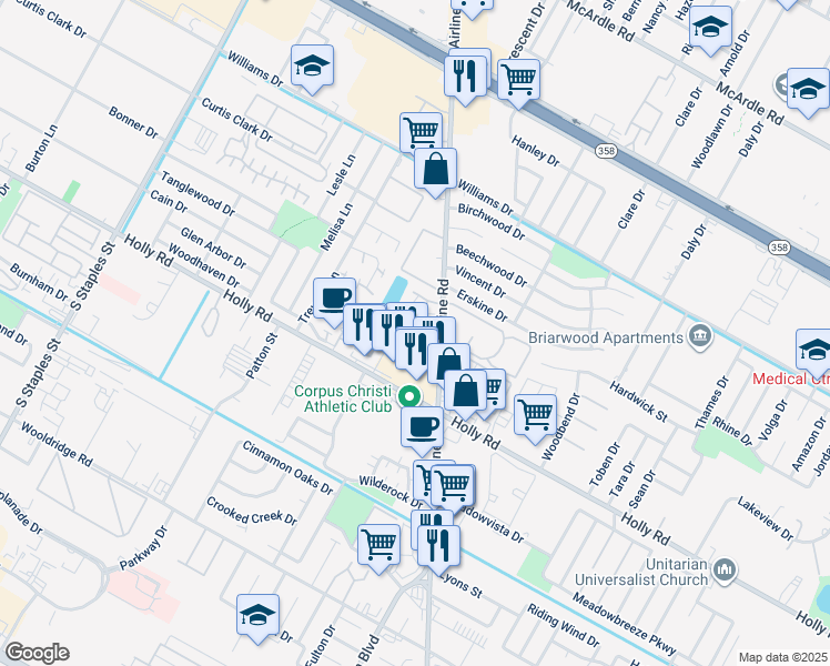 map of restaurants, bars, coffee shops, grocery stores, and more near 6105 Hidden Cove in Corpus Christi