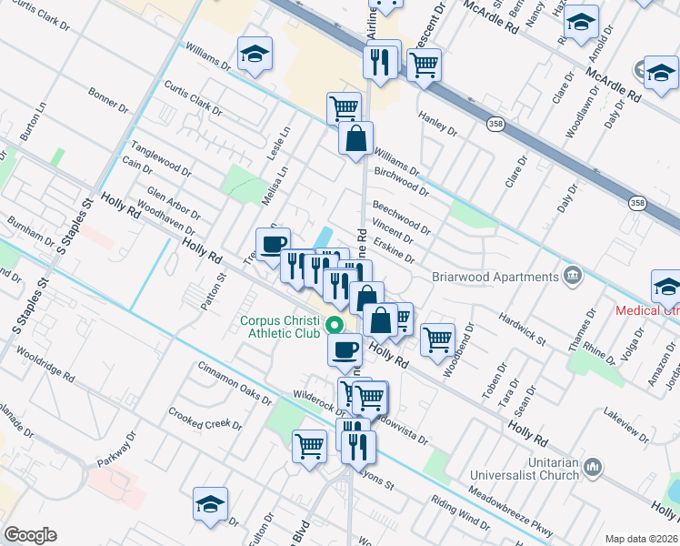 map of restaurants, bars, coffee shops, grocery stores, and more near 6105 Hidden Cove in Corpus Christi