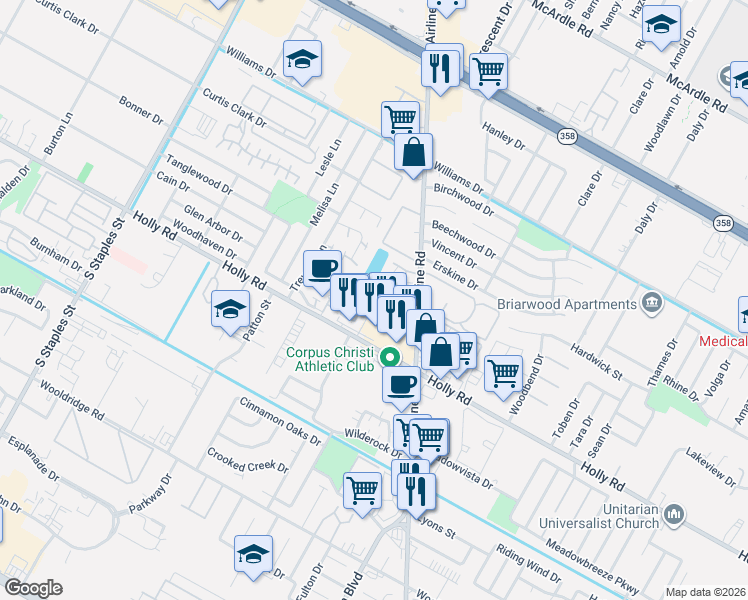 map of restaurants, bars, coffee shops, grocery stores, and more near 6105 Hidden Cove in Corpus Christi