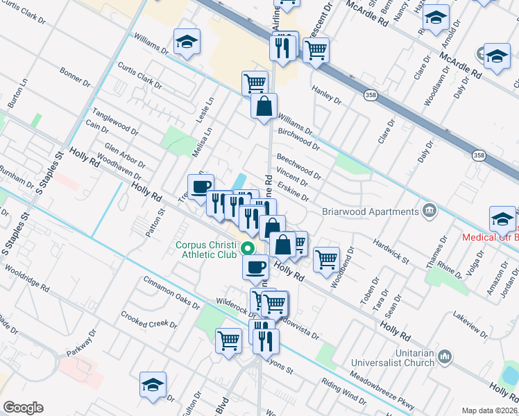 map of restaurants, bars, coffee shops, grocery stores, and more near 6236 Hidden Cove in Corpus Christi