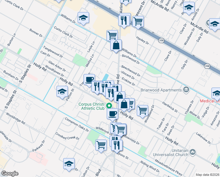 map of restaurants, bars, coffee shops, grocery stores, and more near 6105 Hidden Cove in Corpus Christi