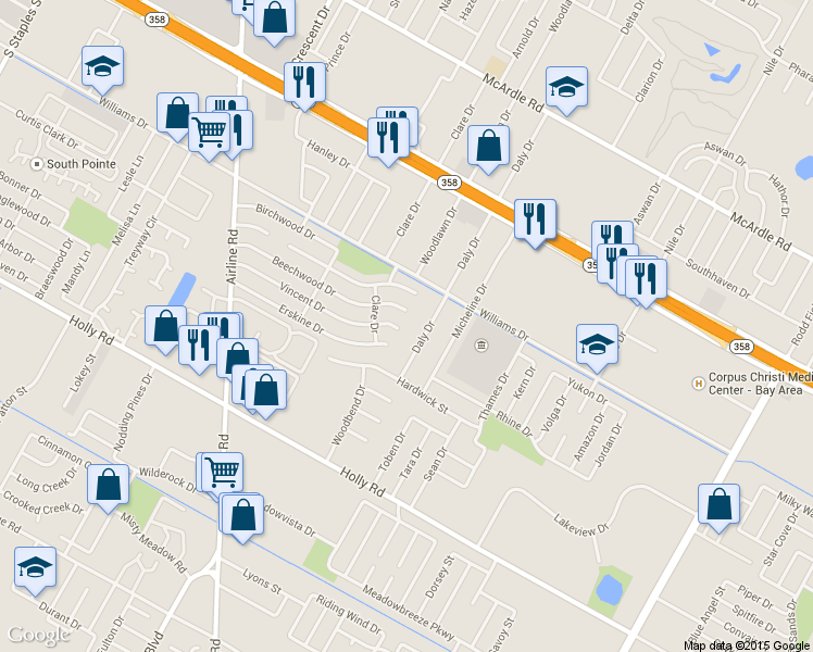 map of restaurants, bars, coffee shops, grocery stores, and more near 1801 Daly Drive in Corpus Christi