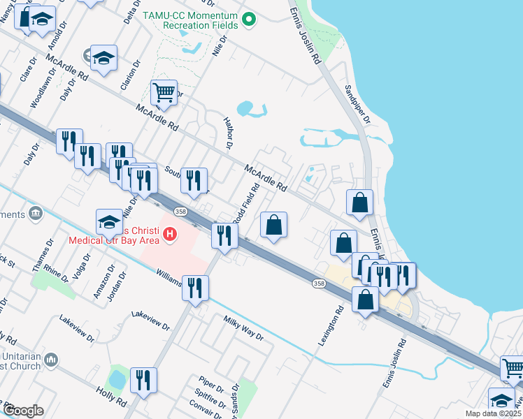 map of restaurants, bars, coffee shops, grocery stores, and more near 7218 South Padre Island Drive in Corpus Christi