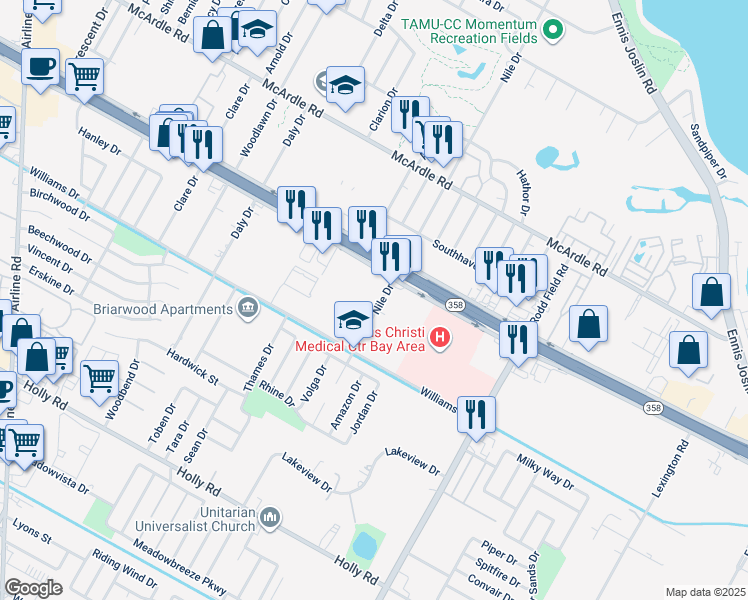 map of restaurants, bars, coffee shops, grocery stores, and more near 1641 Nile Drive in Corpus Christi