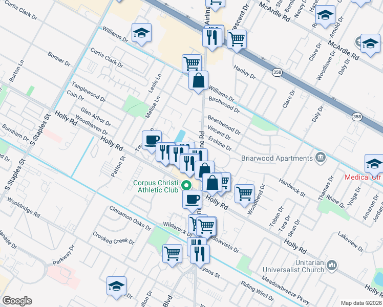 map of restaurants, bars, coffee shops, grocery stores, and more near 6236 Hidden Cove in Corpus Christi