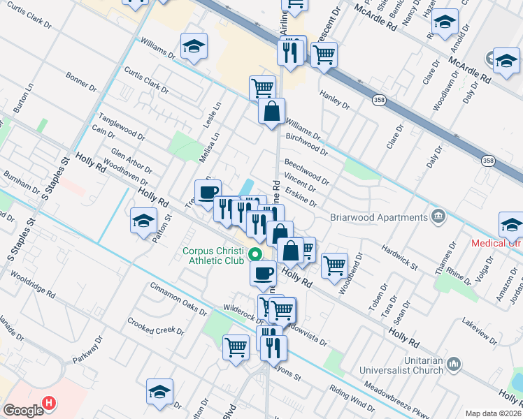map of restaurants, bars, coffee shops, grocery stores, and more near 1915 Hidden Way in Corpus Christi
