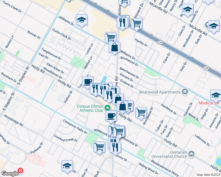 map of restaurants, bars, coffee shops, grocery stores, and more near 1915 Hidden Way in Corpus Christi
