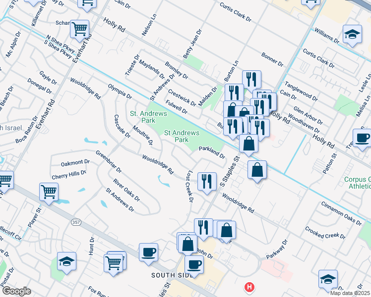 map of restaurants, bars, coffee shops, grocery stores, and more near 5430 Whitemarsh Drive in Corpus Christi
