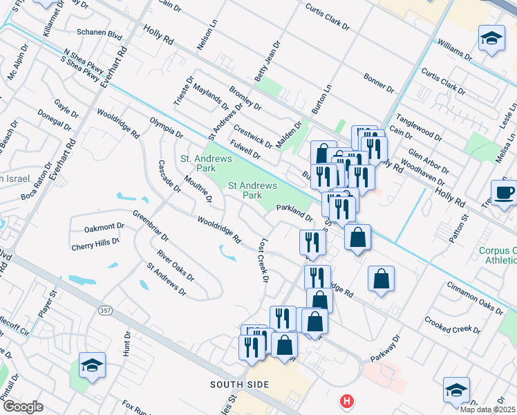 map of restaurants, bars, coffee shops, grocery stores, and more near 5430 Whitemarsh Drive in Corpus Christi
